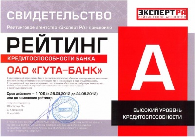 ОАО "ГУТА-БАНК" - рейтинг кредитоспособностии на уровне "А", прогноз: стабильный